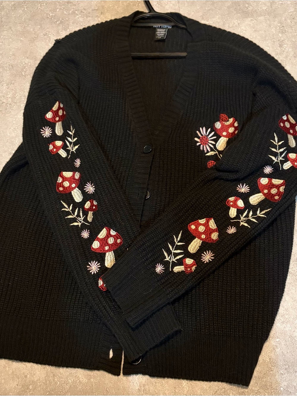 Hot Topic Black Cardigan with Red Mushroom Embroidery